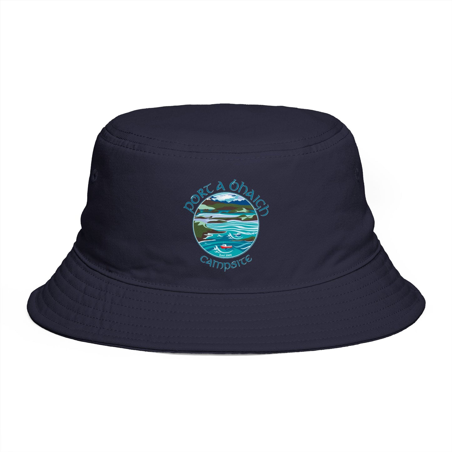 Sunset Coast Bucket Hat — Embroidered Ocean Landscape
