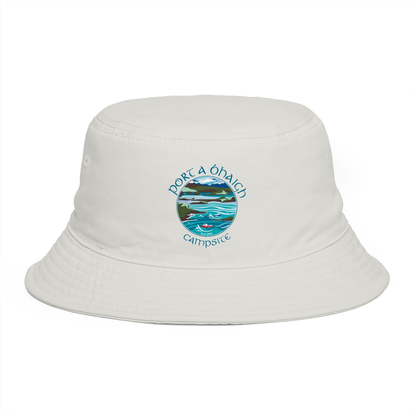 Sunset Coast Bucket Hat — Embroidered Ocean Landscape