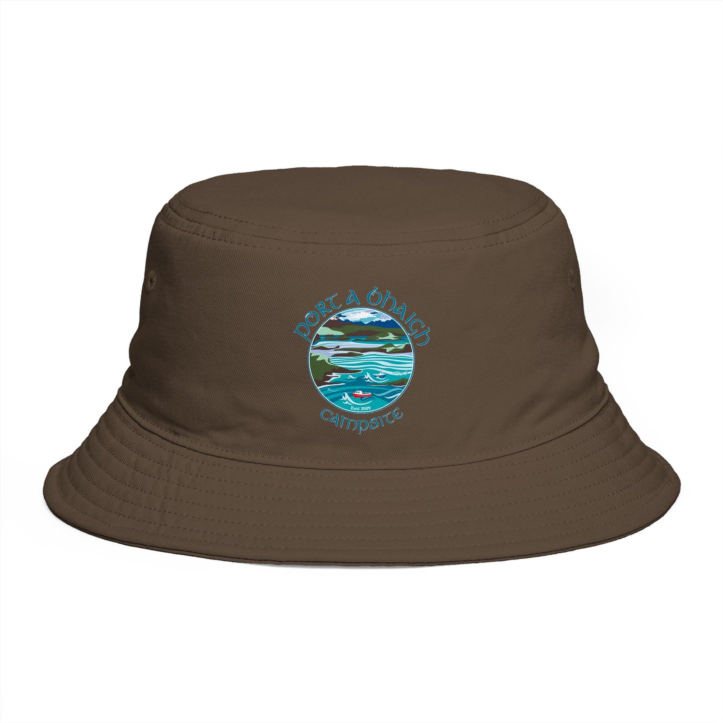 Sunset Coast Bucket Hat — Embroidered Ocean Landscape