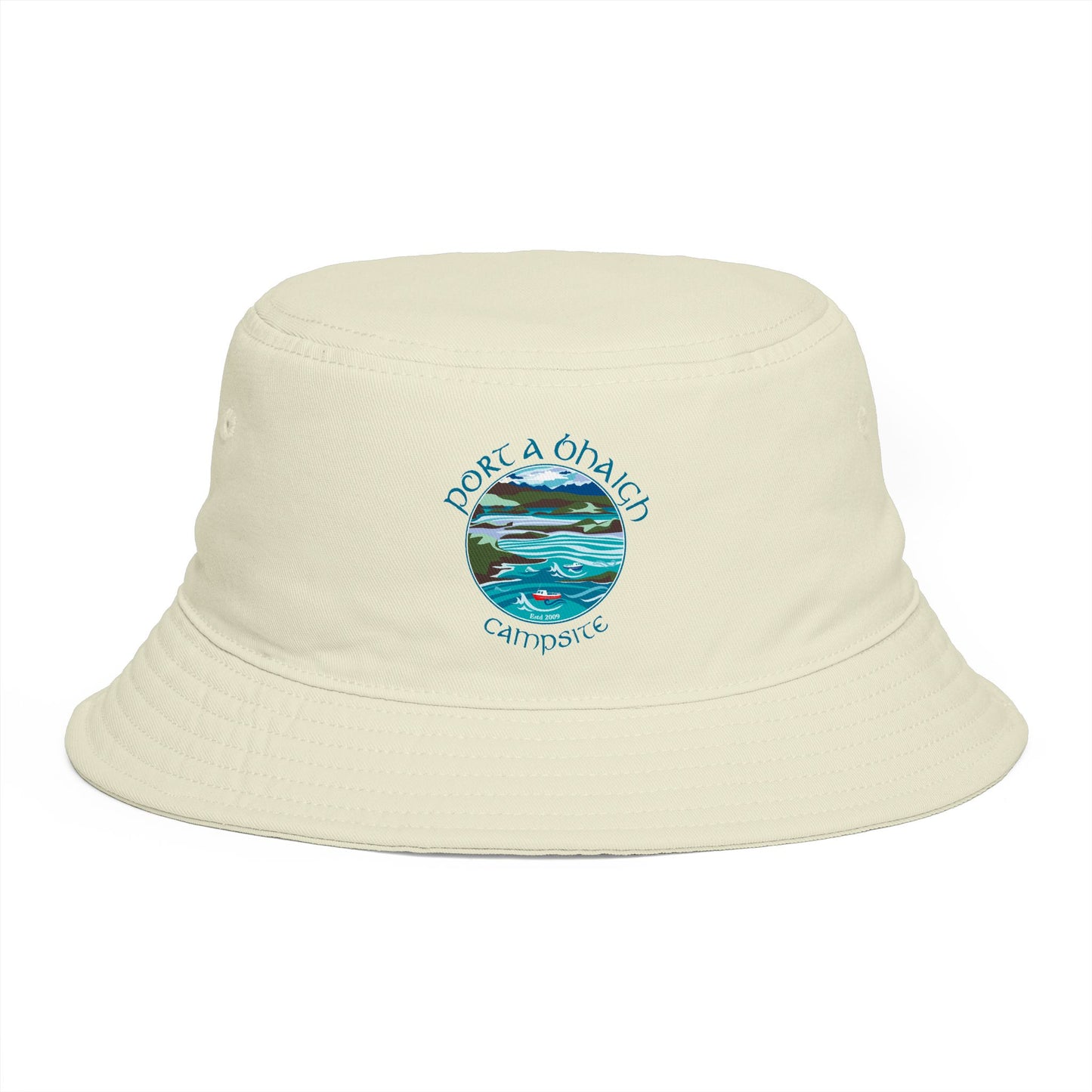 Sunset Coast Bucket Hat — Embroidered Ocean Landscape