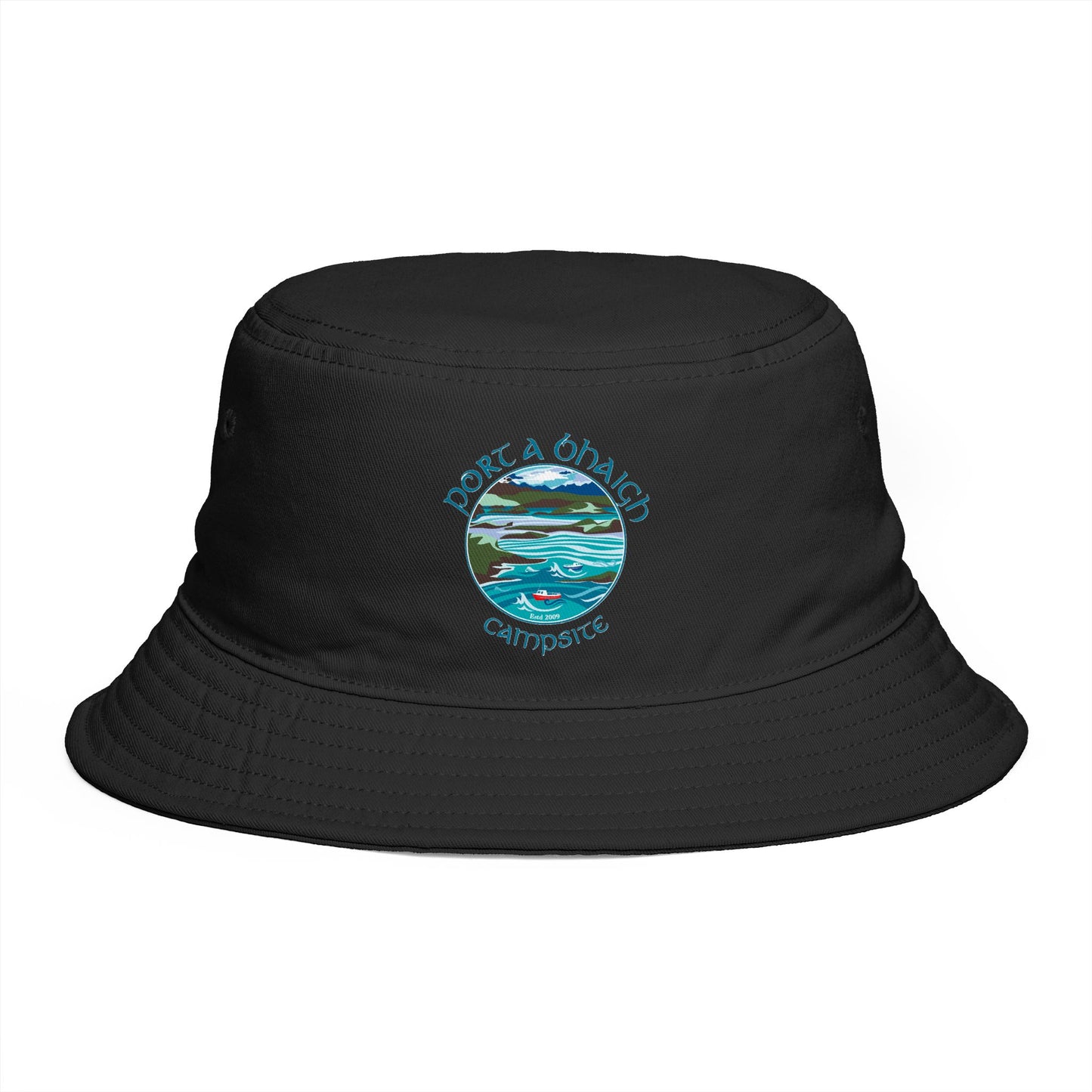 Sunset Coast Bucket Hat — Embroidered Ocean Landscape