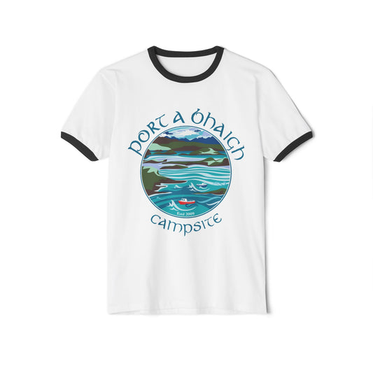 Port A Bhaigh Campsite Graphic Unisex Cotton Ringer T-Shirt - Perfect for Outdoor Lovers
