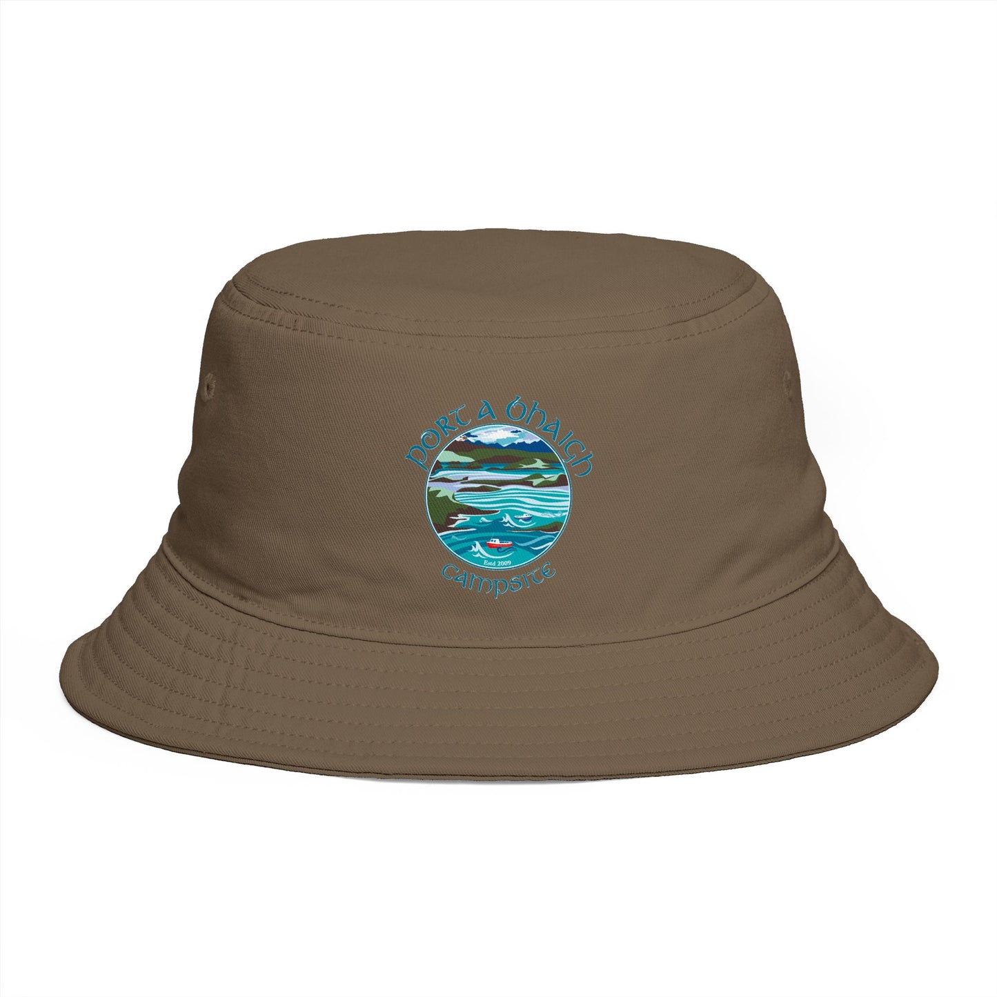 Sunset Coast Bucket Hat — Embroidered Ocean Landscape