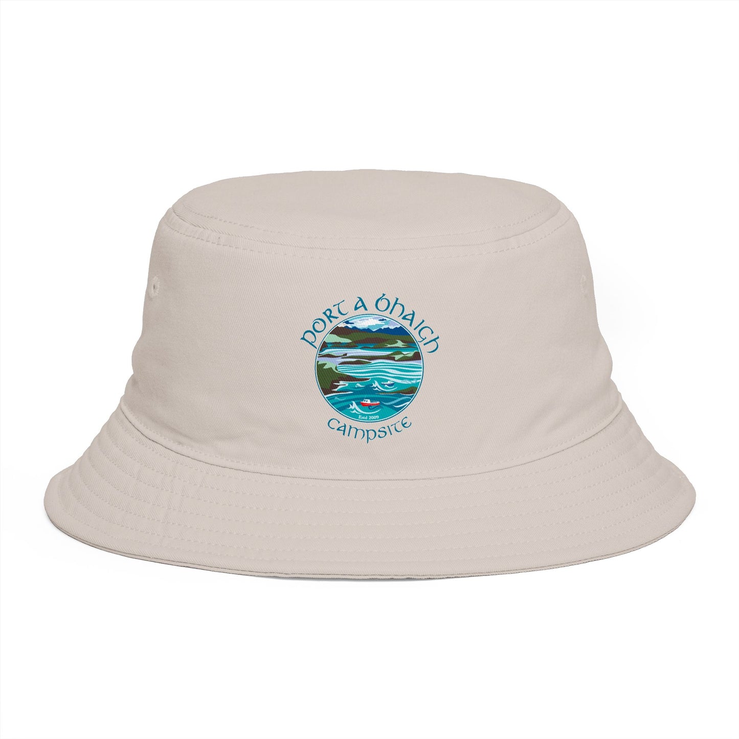 Sunset Coast Bucket Hat — Embroidered Ocean Landscape