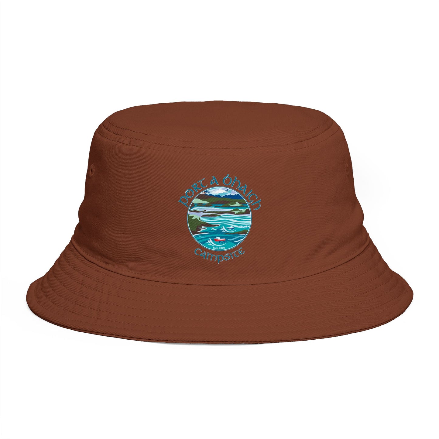 Sunset Coast Bucket Hat — Embroidered Ocean Landscape