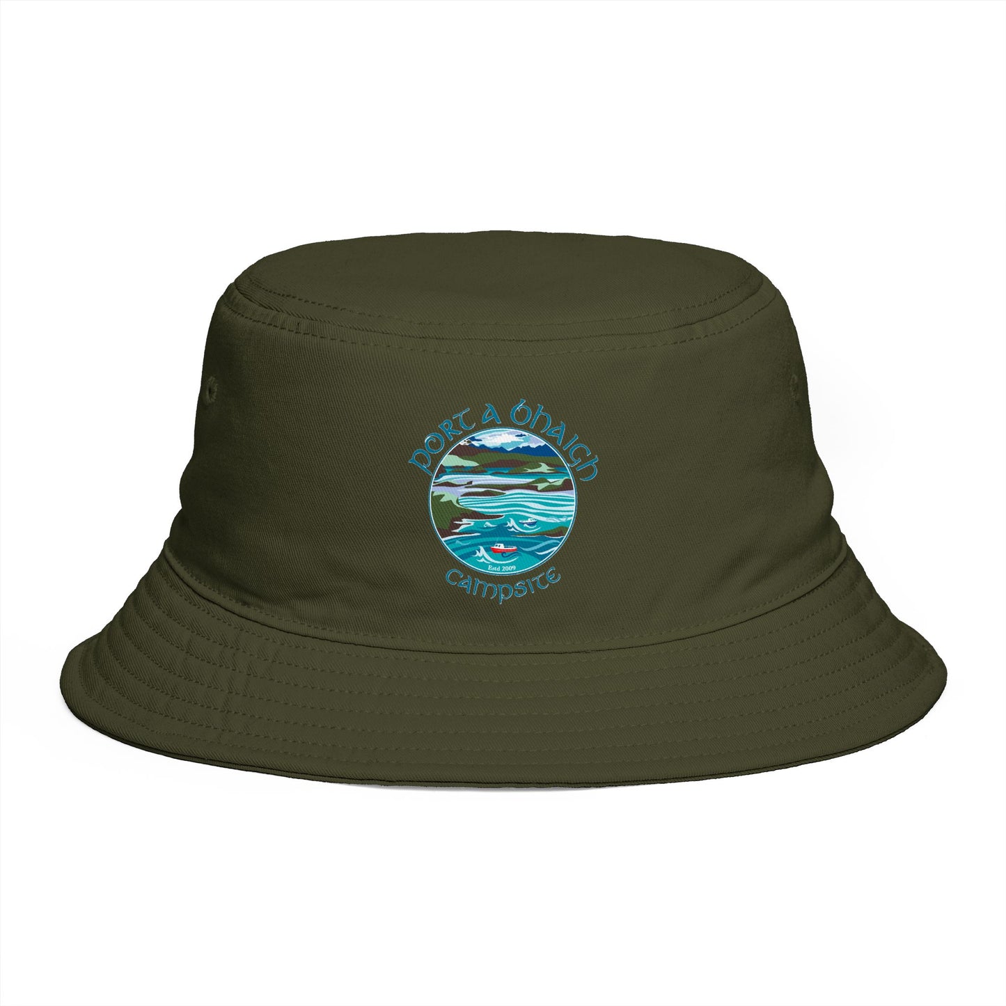 Sunset Coast Bucket Hat — Embroidered Ocean Landscape