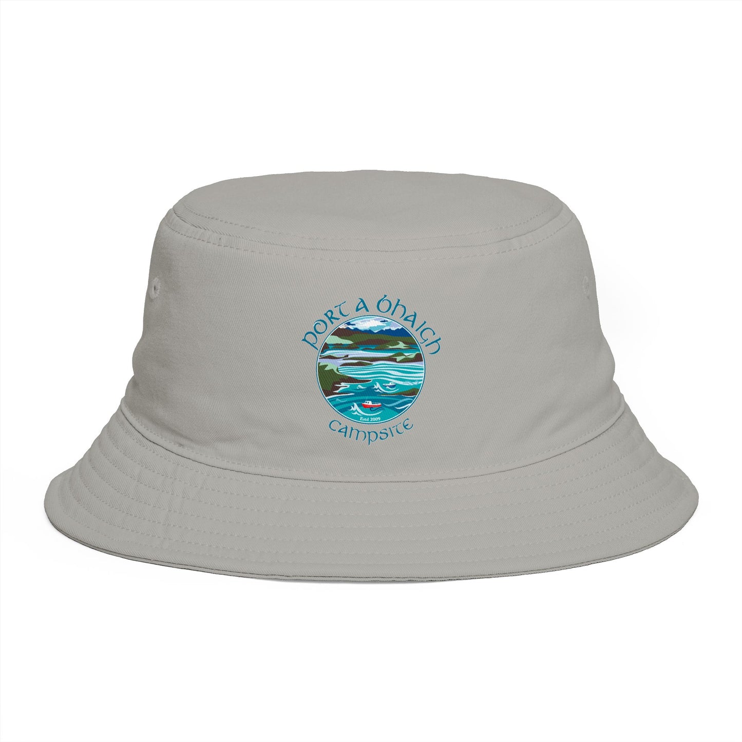 Sunset Coast Bucket Hat — Embroidered Ocean Landscape